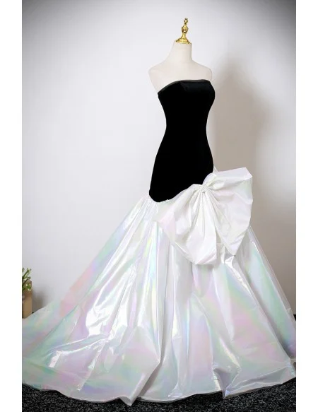 Black And White Big Bow Front Mermaid Formal Prom Dress Strapless