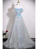 Dreamy Silver Sparkly Sequined Long Prom Dress With Blue Butterflies