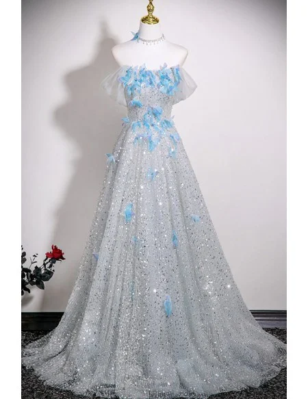Dreamy Silver Sparkly Sequined Long Prom Dress With Blue Butterflies