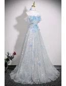 Dreamy Silver Sparkly Sequined Long Prom Dress With Blue Butterflies