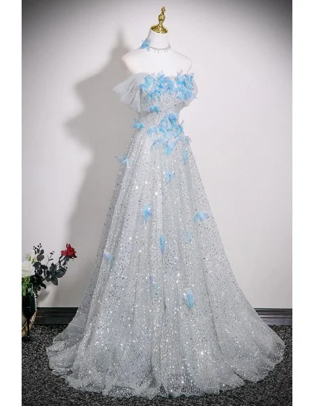 Dreamy Silver Sparkly Sequined Long Prom Dress With Blue Butterflies