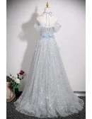 Dreamy Silver Sparkly Sequined Long Prom Dress With Blue Butterflies