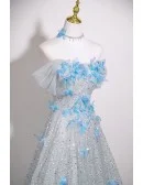 Dreamy Silver Sparkly Sequined Long Prom Dress With Blue Butterflies