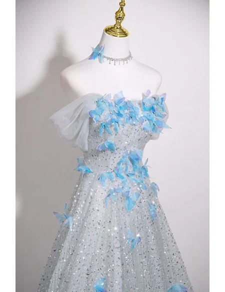 Dreamy Silver Sparkly Sequined Long Prom Dress With Blue Butterflies