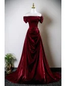 Elegant Sleek Burgundy Ruffled Long Prom Dress Off Shoulder