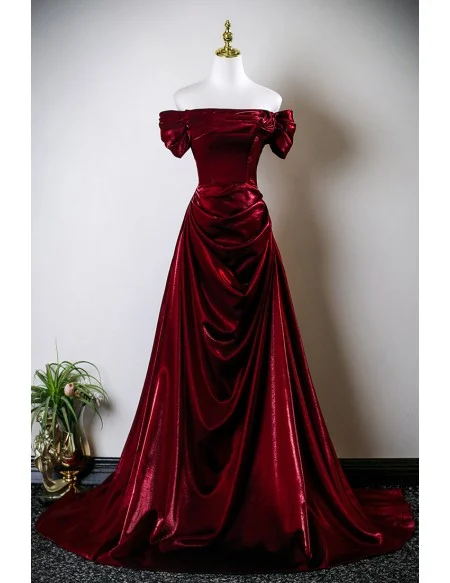 Elegant Sleek Burgundy Ruffled Long Prom Dress Off Shoulder