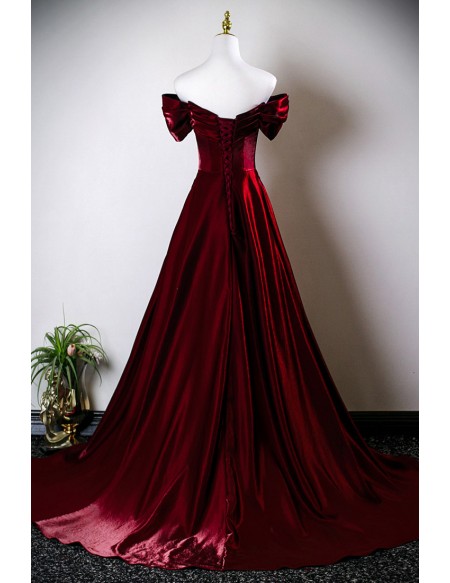 Elegant Sleek Burgundy Ruffled Long Prom Dress Off Shoulder