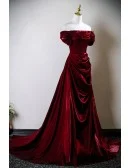 Elegant Sleek Burgundy Ruffled Long Prom Dress Off Shoulder