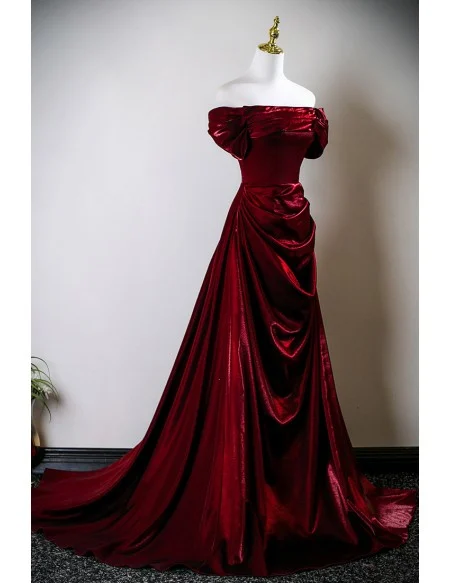 Elegant Sleek Burgundy Ruffled Long Prom Dress Off Shoulder