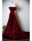 Elegant Sleek Burgundy Ruffled Long Prom Dress Off Shoulder