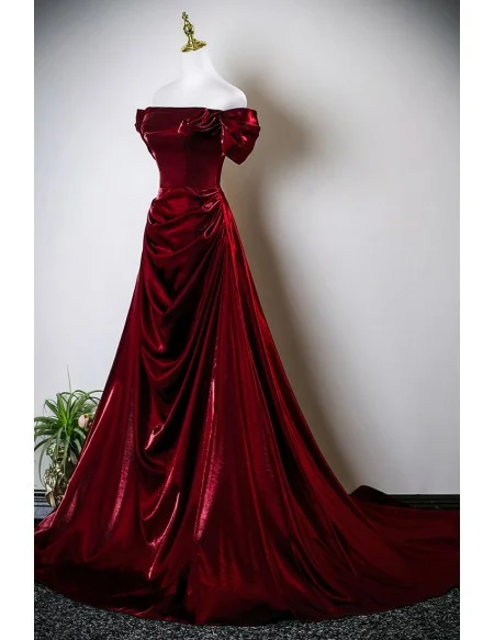 Elegant Sleek Burgundy Ruffled Long Prom Dress Off Shoulder