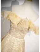 Champagne Gold Sequined Long Tulle Prom Dress With Off Shoulder