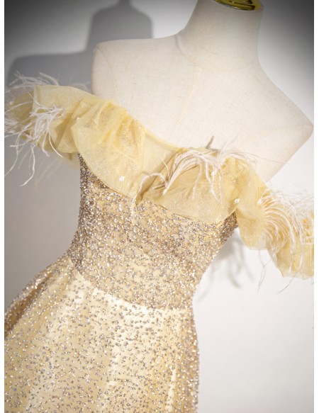 Champagne Gold Sequined Long Tulle Prom Dress With Off Shoulder
