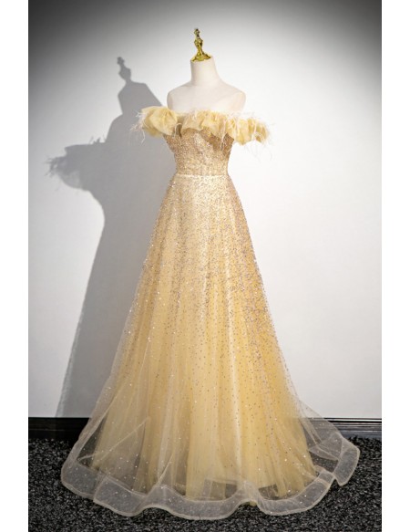 Champagne Gold Sequined Long Tulle Prom Dress With Off Shoulder