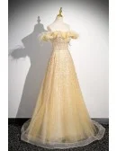 Champagne Gold Sequined Long Tulle Prom Dress With Off Shoulder