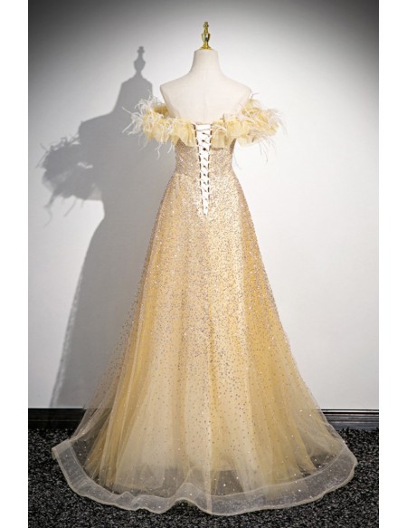 Champagne Gold Sequined Long Tulle Prom Dress With Off Shoulder