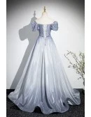 Ombre Grey Blue Off Shoulder Prom Dress With Ruffles Trim