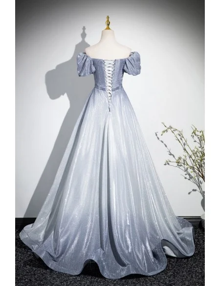 Ombre Grey Blue Off Shoulder Prom Dress With Ruffles Trim