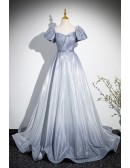 Ombre Grey Blue Off Shoulder Prom Dress With Ruffles Trim
