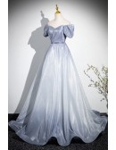 Ombre Grey Blue Off Shoulder Prom Dress With Ruffles Trim