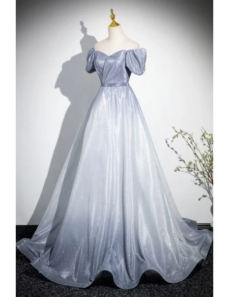 Ombre Grey Blue Off Shoulder Prom Dress With Ruffles Trim
