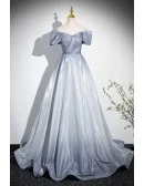Ombre Grey Blue Off Shoulder Prom Dress With Ruffles Trim