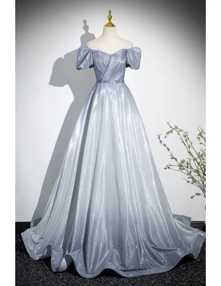 Ombre Grey Blue Off Shoulder Prom Dress With Ruffles Trim
