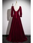Modest Square Neckline Burgundy Velvet Prom Dress With Sleeves