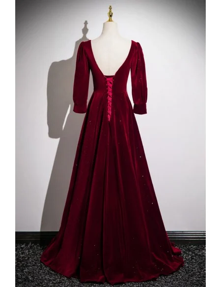 Modest Square Neckline Burgundy Velvet Prom Dress With Sleeves