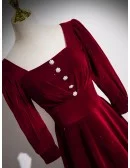 Modest Square Neckline Burgundy Velvet Prom Dress With Sleeves