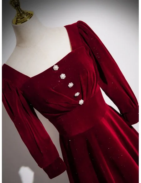 Modest Square Neckline Burgundy Velvet Prom Dress With Sleeves
