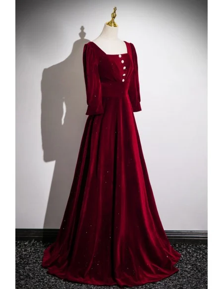 Modest Square Neckline Burgundy Velvet Prom Dress With Sleeves