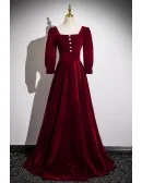 Modest Square Neckline Burgundy Velvet Prom Dress With Sleeves