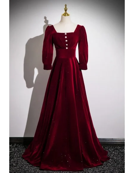Modest Square Neckline Burgundy Velvet Prom Dress With Sleeves