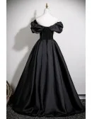Black Ruffled Off Shoulder Ballgown Satin Long Formal Prom Dress