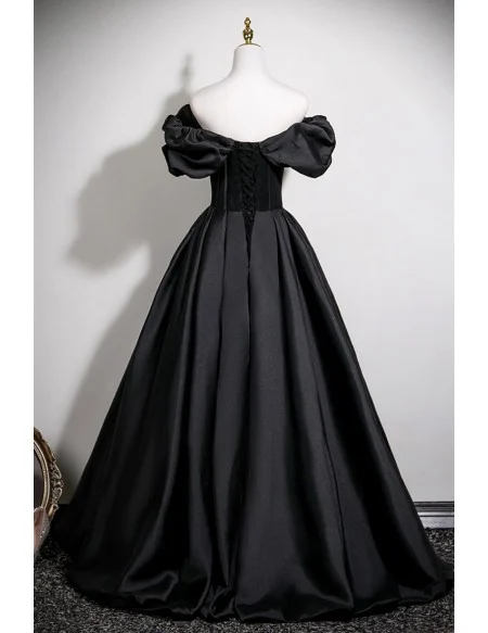 Black Ruffled Off Shoulder Ballgown Satin Long Formal Prom Dress
