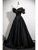 Black Ruffled Off Shoulder Ballgown Satin Long Formal Prom Dress