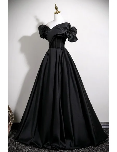 Black Ruffled Off Shoulder Ballgown Satin Long Formal Prom Dress