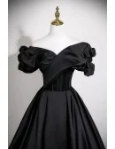 Black Ruffled Off Shoulder Ballgown Satin Long Formal Prom Dress