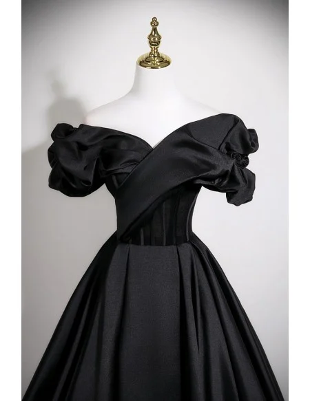 Black Ruffled Off Shoulder Ballgown Satin Long Formal Prom Dress