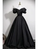 Black Ruffled Off Shoulder Ballgown Satin Long Formal Prom Dress