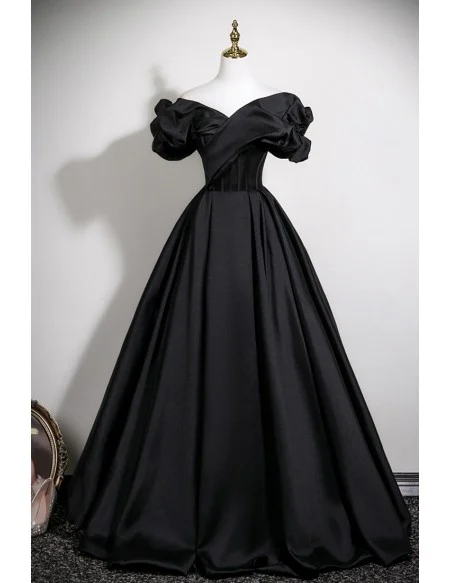 Black Ruffled Off Shoulder Ballgown Satin Long Formal Prom Dress