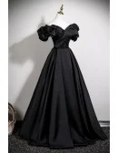 Black Ruffled Off Shoulder Ballgown Satin Long Formal Prom Dress