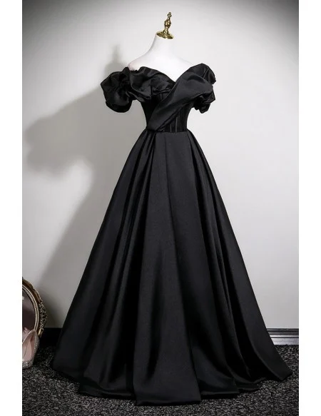 Black Ruffled Off Shoulder Ballgown Satin Long Formal Prom Dress