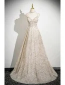 Gorgeous Champagne Tulle Sequined Long Prom Dress With Spaghetti Straps