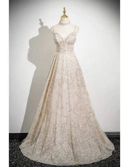 Gorgeous Champagne Tulle Sequined Long Prom Dress With Spaghetti Straps