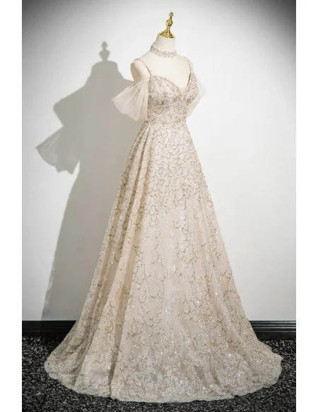 Gorgeous Champagne Tulle Sequined Long Prom Dress With Spaghetti Straps