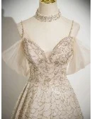Gorgeous Champagne Tulle Sequined Long Prom Dress With Spaghetti Straps