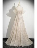 Gorgeous Champagne Tulle Sequined Long Prom Dress With Spaghetti Straps