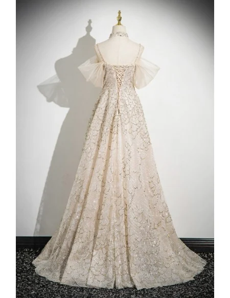 Gorgeous Champagne Tulle Sequined Long Prom Dress With Spaghetti Straps